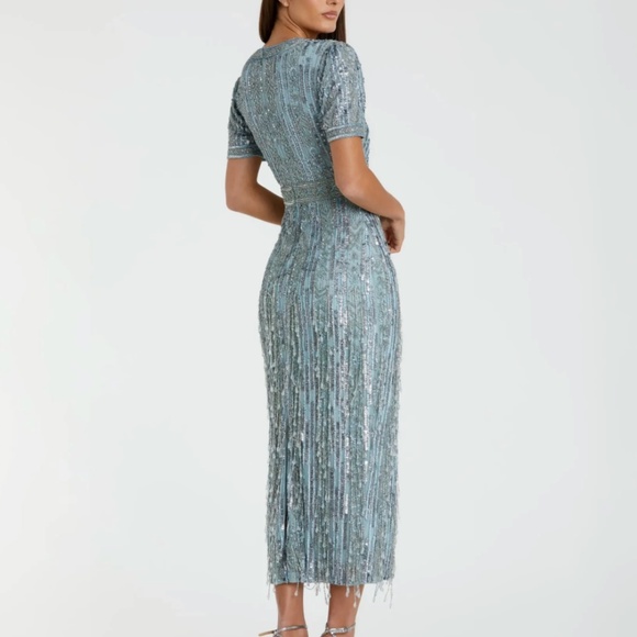 MAC DUGGAL 5980 HIGH NECK SHORT SLEEVE CRYSTAL FRINGE FRENCH BLUE MIDI DRESS 6 - Picture 4 of 5